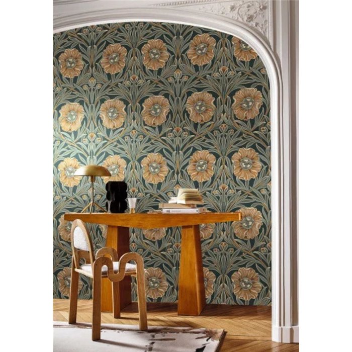 Papier peint grandes fleurs style rétro vert et bleu · Casamance Isadora 70370304