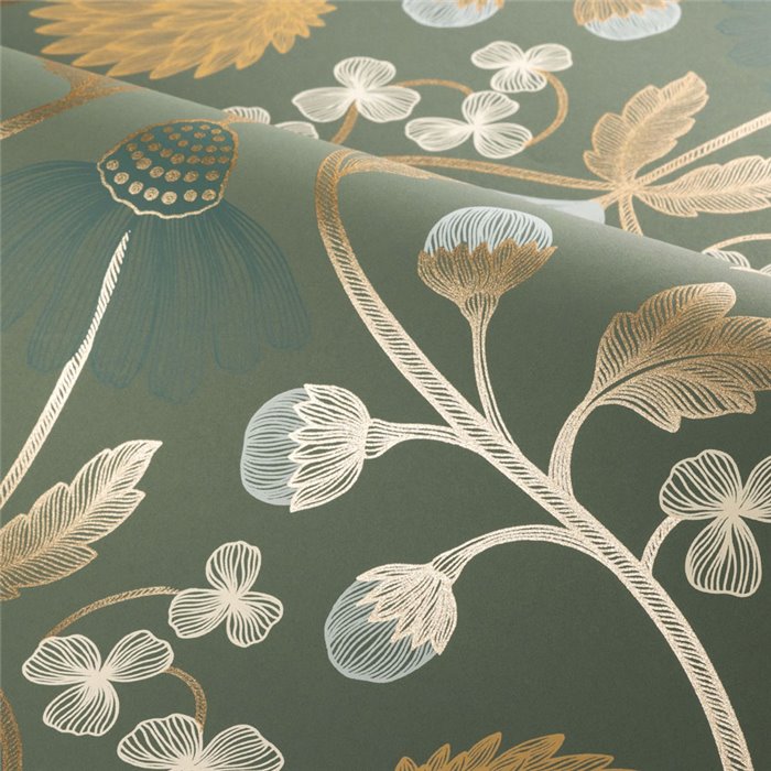 Papel pintado floral verde efecto metalizado · Casamance Isadora 70450712