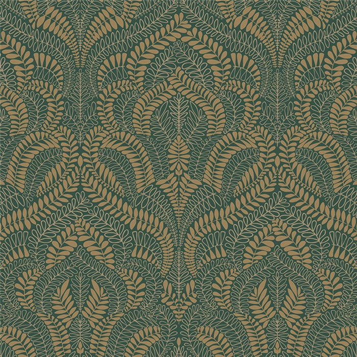 Metallic green Art Deco wallpaper with golden leaves · Casamance Isadora 75821222