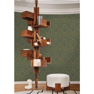 Papel pintado hojas doradas estilo Art Déco verde metálico 2