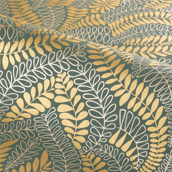 Papel pintado hojas doradas estilo Art Déco verde metálico · Casamance Isadora 75821222