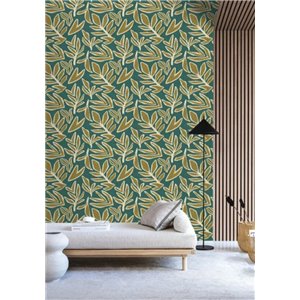 Papel pintado hojas bordadas verde y oliva 2