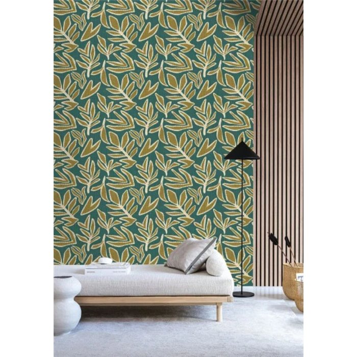 Papier peint feuilles brodées vert et olive · Casamance Lanzea 77640304