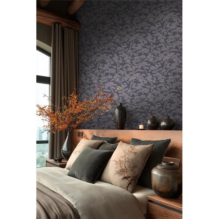 Grey Pine Branches on Navy Wallpaper ·  2029790011