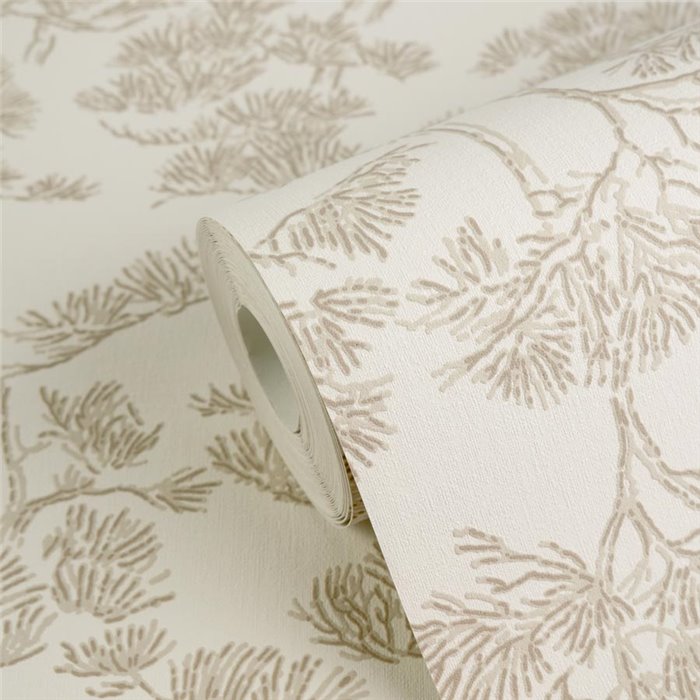 Papel pintado de ramas de pino en tonos neutros ·  2029790012