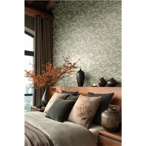 Papel pintado con diseño de ramas de pino en verde musgo 2