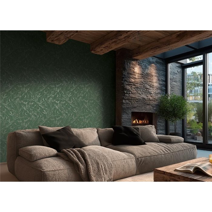 Papel pintado con ramas y flores sobre fondo verde ·  2029790045