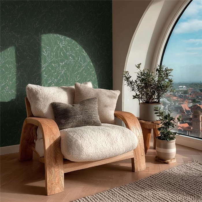 Papel pintado con ramas y flores sobre fondo verde ·  2029790045
