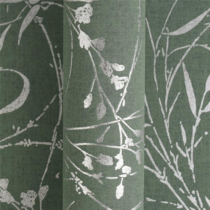 Papel pintado con ramas y flores sobre fondo verde ·  2029790045