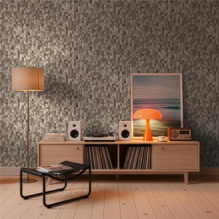 Papel pintado de efecto listones en relieve gris y beige ·  2029790082