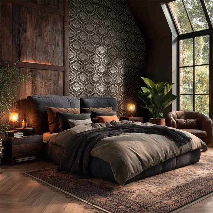 Aged Damask Design Wallpaper in Dark Tones ·  2029790194