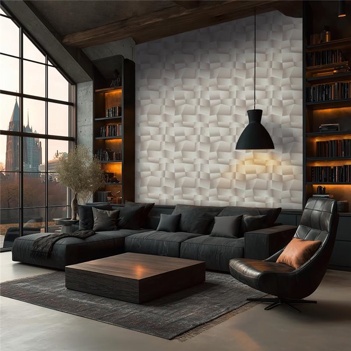 Papel pintado geométrico en tonos grises con textura 3D ·  2029791972