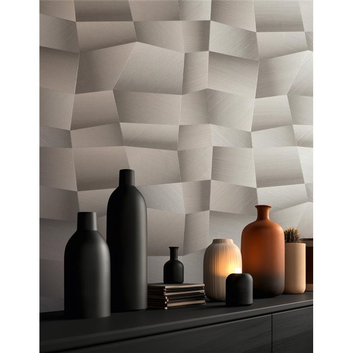 Papel pintado geométrico en tonos grises con textura 3D ·  2029791972