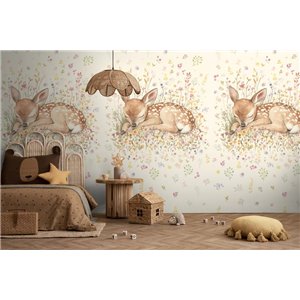 Mural panoramique faon endormi et fleurs sauvages 2