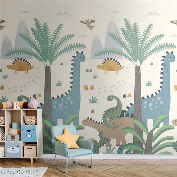 Mural de pared infantil de dinosaurios y palmeras ·  792887