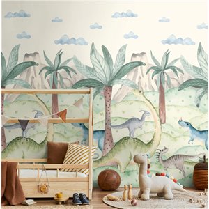 Mural de pared de dinosaurios entre palmeras 2