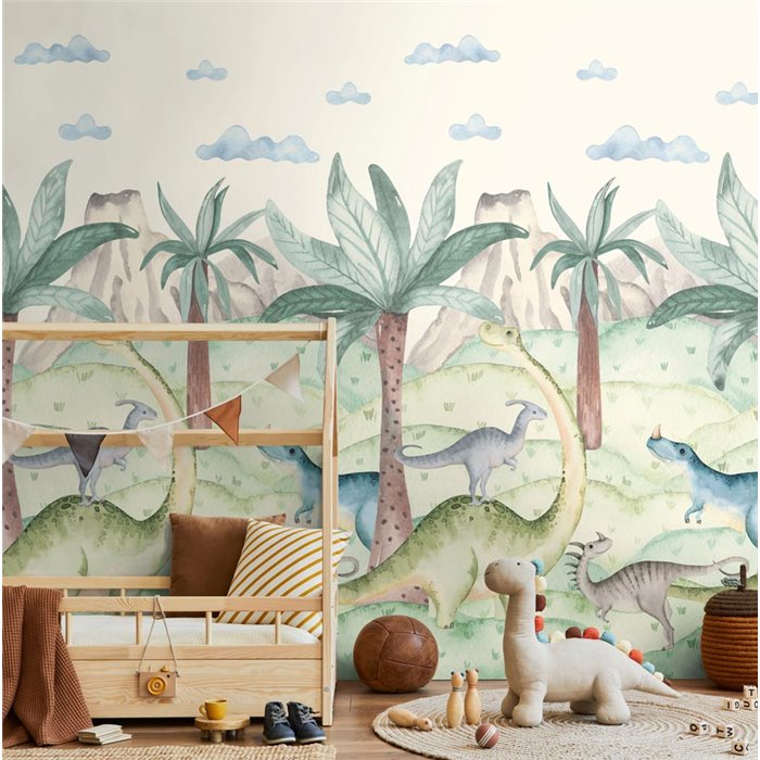 Mural de pared de dinosaurios entre palmeras ·  792888