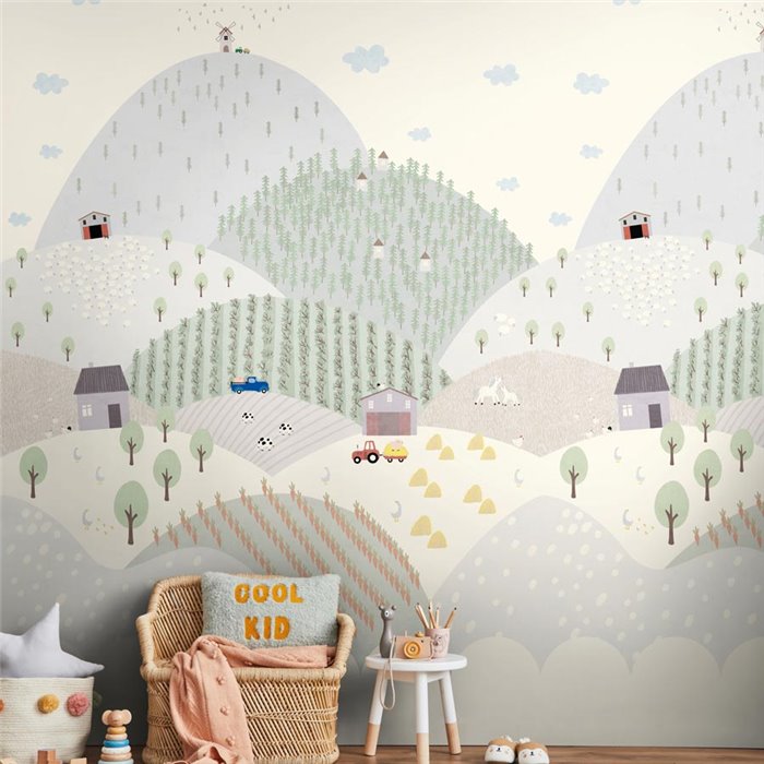 Wandbild mit illustrierter Bauernhoflandschaft für Kinder ·  792891