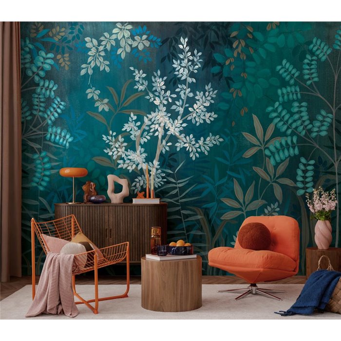 Dark teal botanical forest wall mural ·  396141