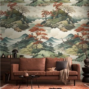 Mural de pared paisaje oriental de montañas y arces