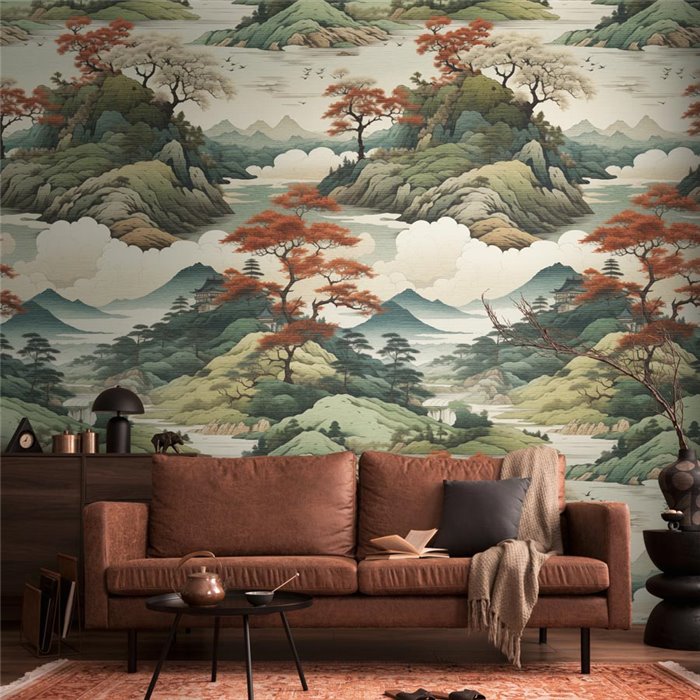 Oriental mountain landscape wall mural with red maples ·  790154