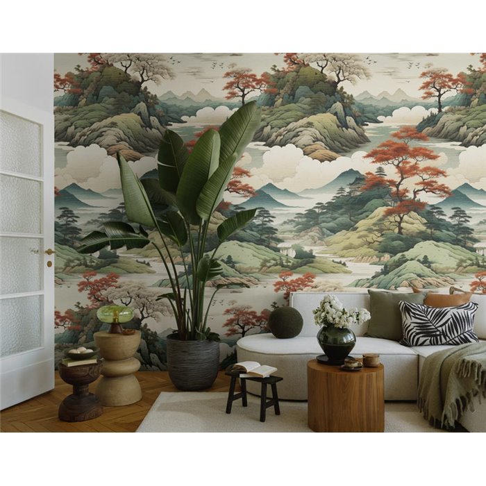 Mural de pared paisaje oriental de montañas y arces ·  790154
