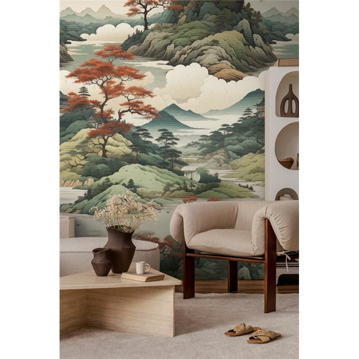Mural de pared paisaje oriental de montañas y arces ·  790154