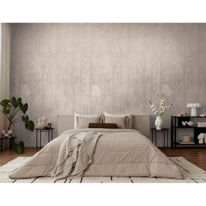 Soft botanical forest wall mural in sandy tones ·  792161