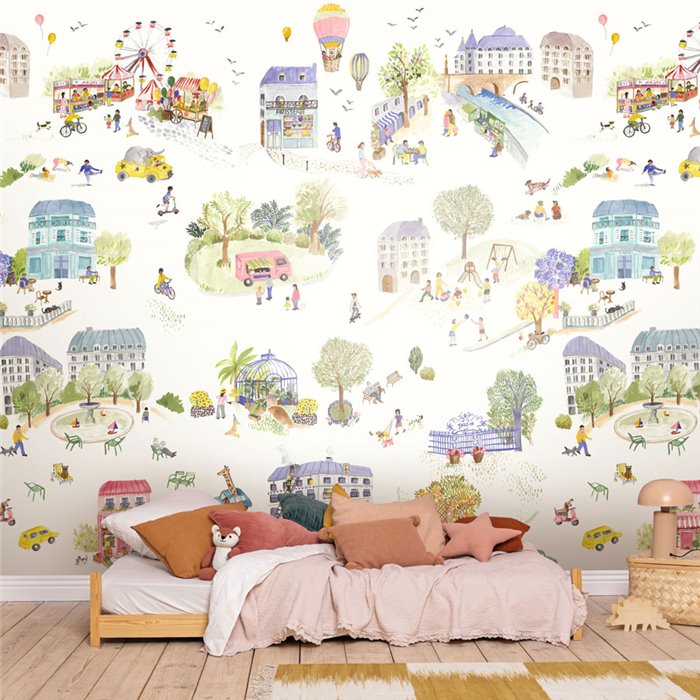 Mural de pared miniciudad infantil en acuarela · Caselio Happy Kids Club 107709908