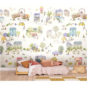 Mural de pared miniciudad infantil en acuarela 2