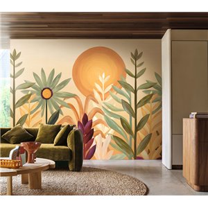 Mural panoramique méditerranéen aux feuilles et soleil 2