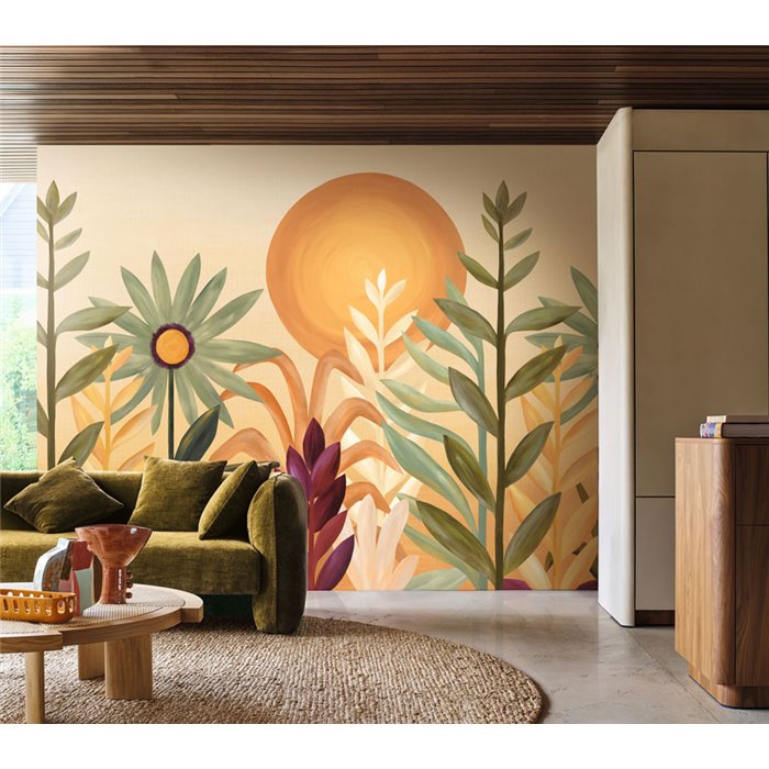 Mediterranean botanical landscape wall mural with sun · Casamance Lanzea 75814180