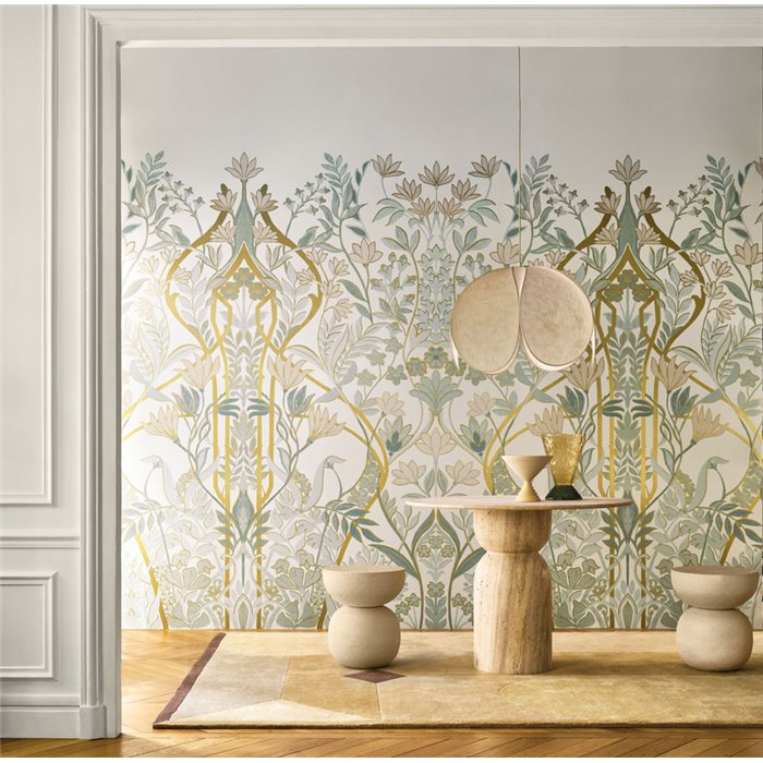Art Deco floral wall mural with golden outlines · Casamance Isadora 70732956