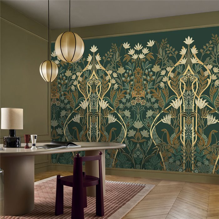 Mural de pared art déco esmeralda con arcos florales · Casamance Isadora 70733058