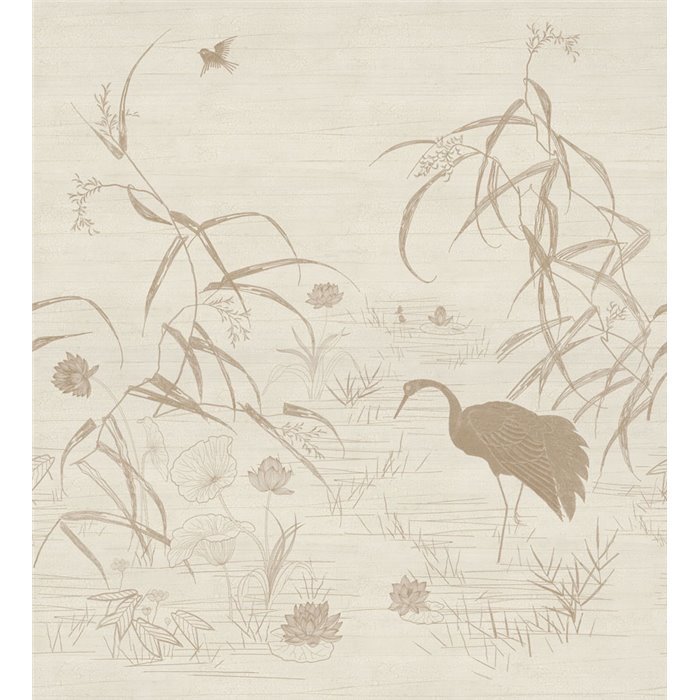 Mural panoramique paysage oriental avec héron et lotus · Casamance Legendes 70343466