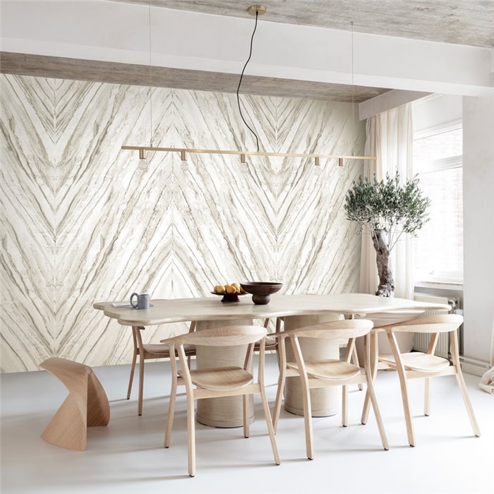 Bookmatched marble-vein wall mural in pale tones · Khroma Caldera DGCAL2021-2022