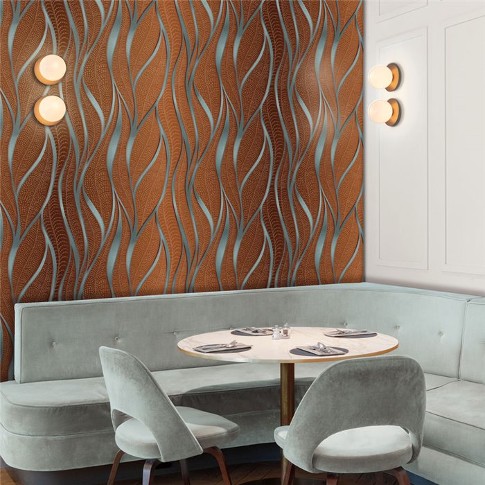 Abstract wall mural with copper and blue waves · Khroma Ray DGRAY101