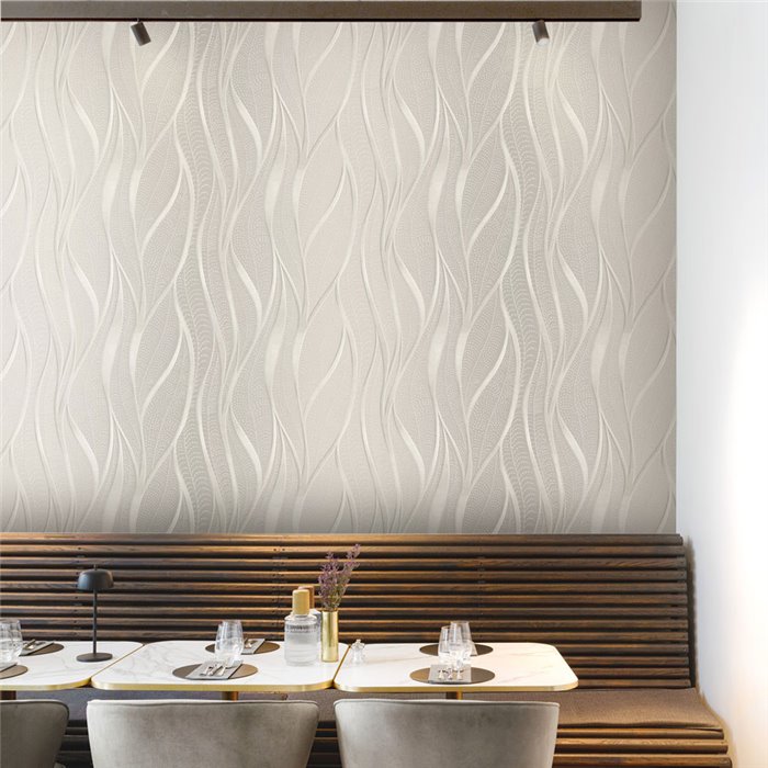 Soft greige vertical wave wall mural · Khroma Ray DGRAY102