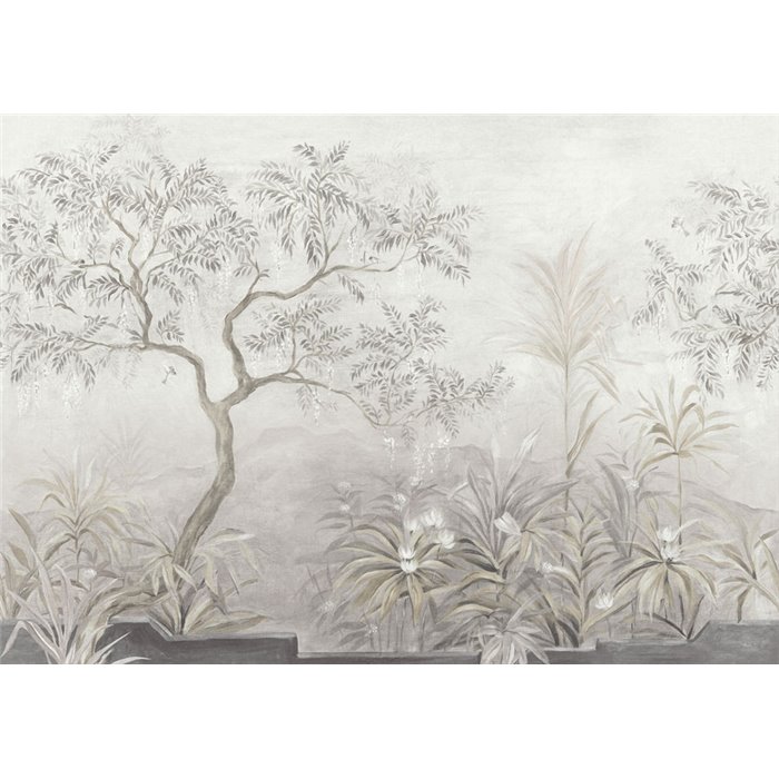 Soft botanical landscape wall mural with palms · Khroma Tessura DGTES1021-1024