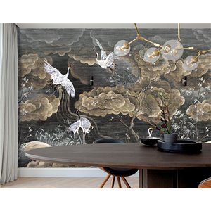 Mural panoramique aux grues dans des nuages nocturnes 2