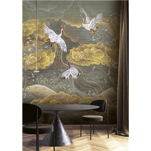 Mural de pared japonés con grullas doradas 2