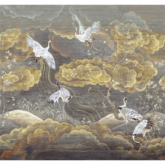 Mural de pared japonés con grullas doradas · Khroma Traces DGTRA4021-4023