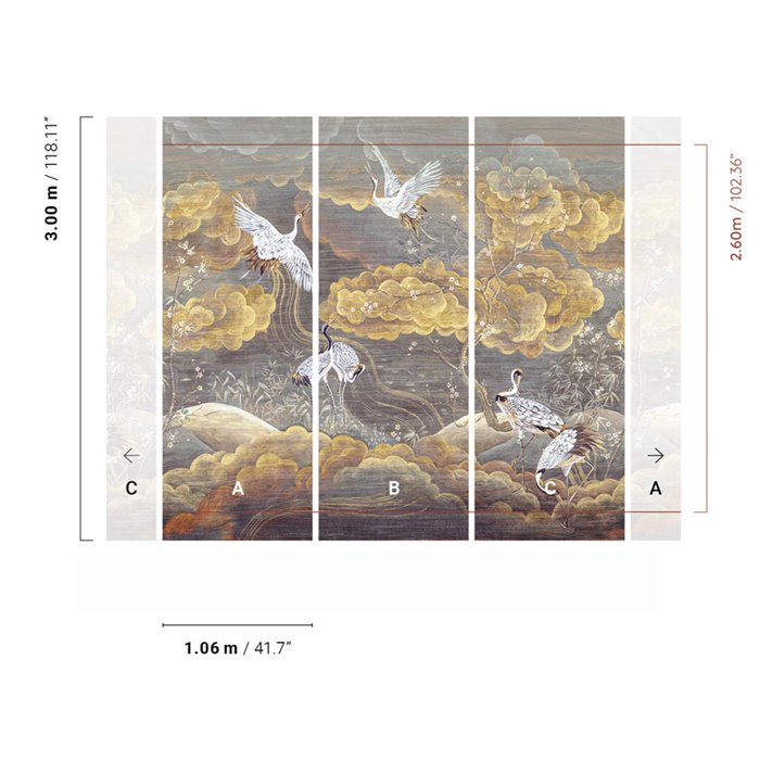 Japanese crane wall mural with golden clouds · Khroma Traces DGTRA4021-4023