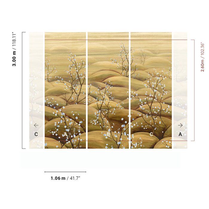 Mural panoramique de collines dorées et cerisiers en fleurs · Khroma Traces DGTRA5021-5023