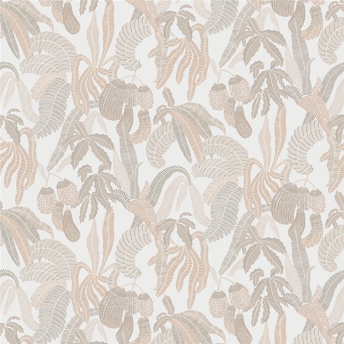 Tropical wallpaper with leaves and bananas in neutral tones · Khroma Romance ROM001
