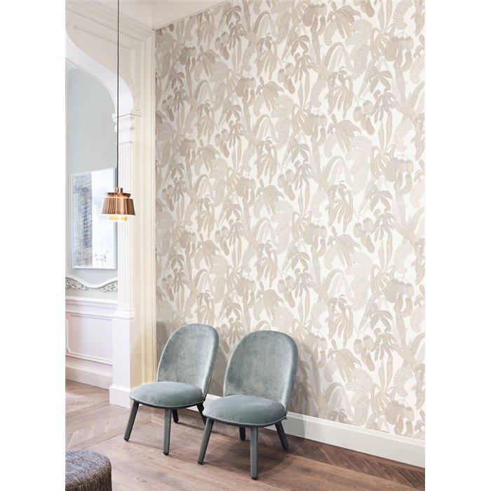 Tropical wallpaper with leaves and bananas in neutral tones · Khroma Romance ROM001