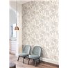 Papel pintado tropical con hojas y plátanos en tonos neutros · Khroma Romance ROM001