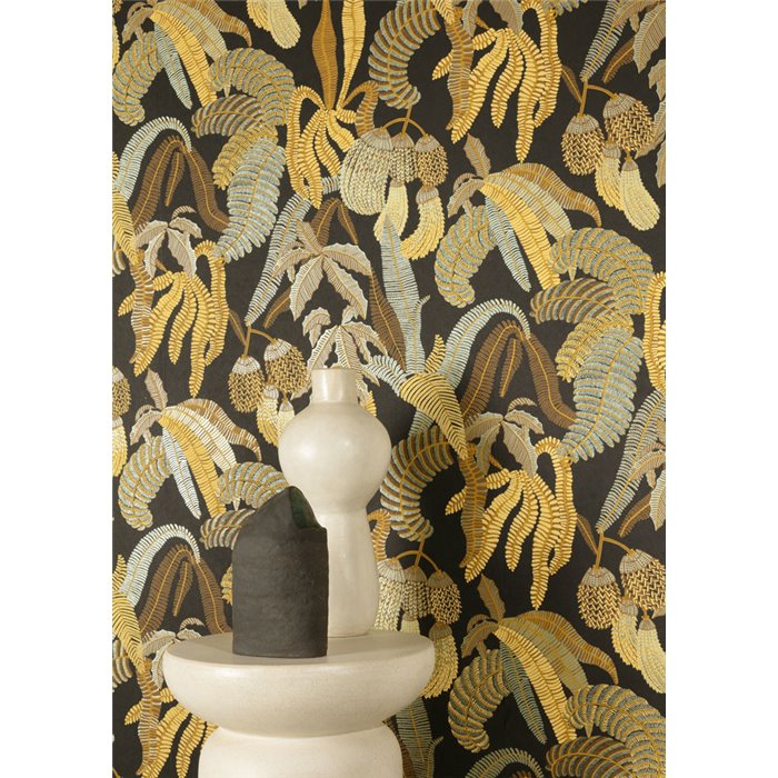 Papel pintado tropical hojas doradas y marrones · Khroma Romance ROM002