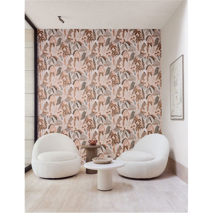 Papel pintado de jungla tropical en tonos cálidos · Khroma Romance ROM004