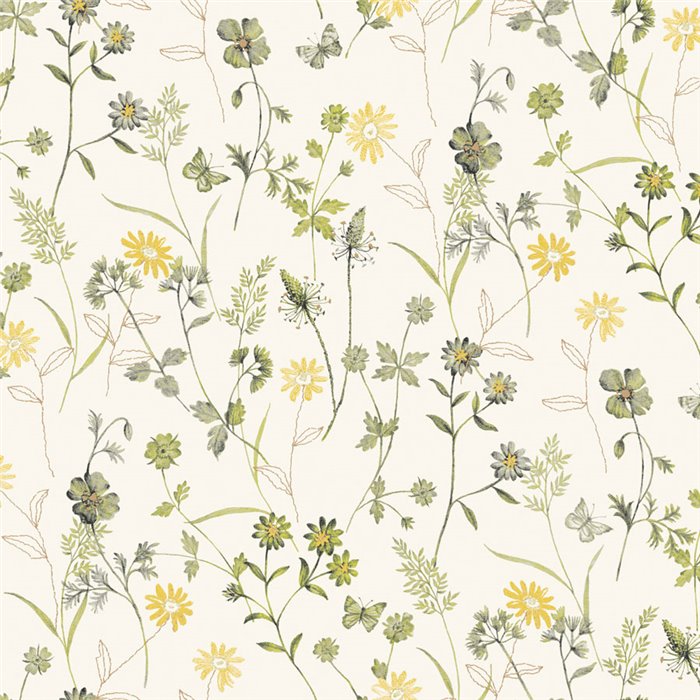 Papel pintado floral campestre en tonos verdes y amarillos · Khroma Amazone ZON103